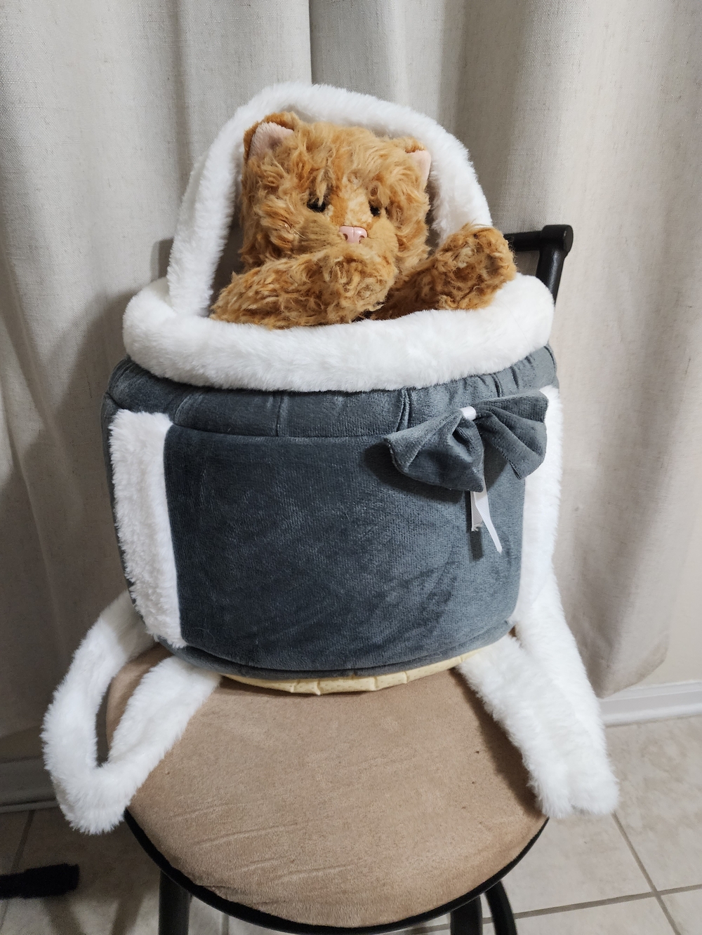Plush Gray & White Cat Bed Carrier with Bow Accent